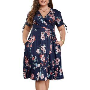 Plus Size Midi Dress Boho Floral V Neck Pockets Wedding Guest Casual